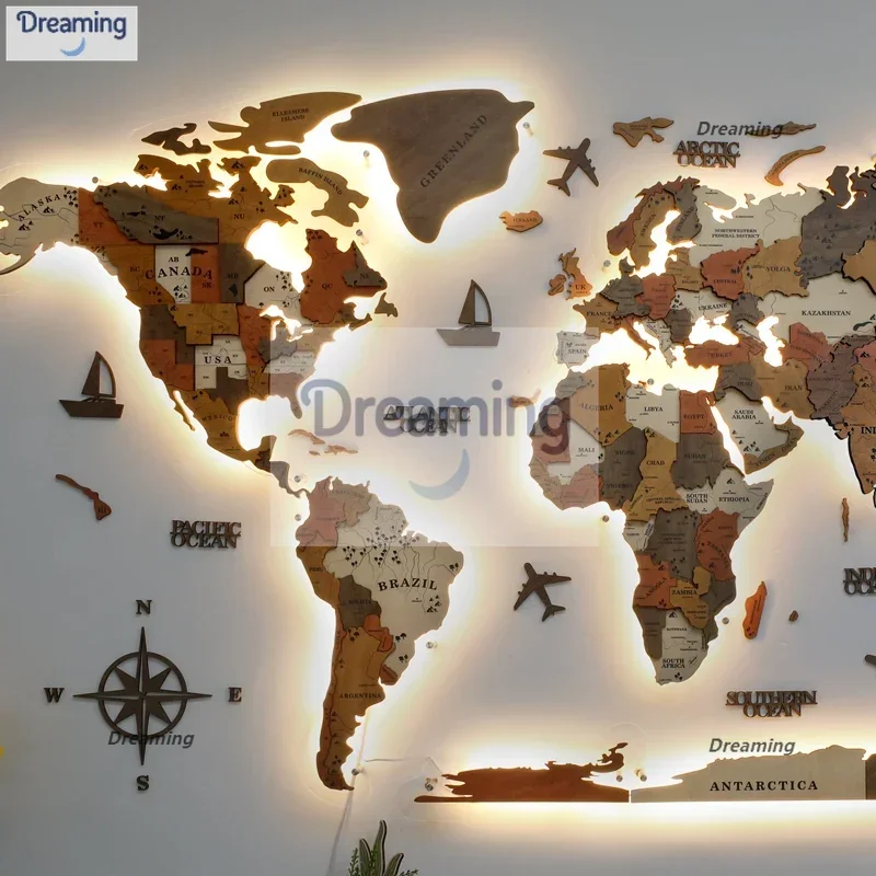

World lighting luminous map solid wood three-dimensional wall decoration creative living room background