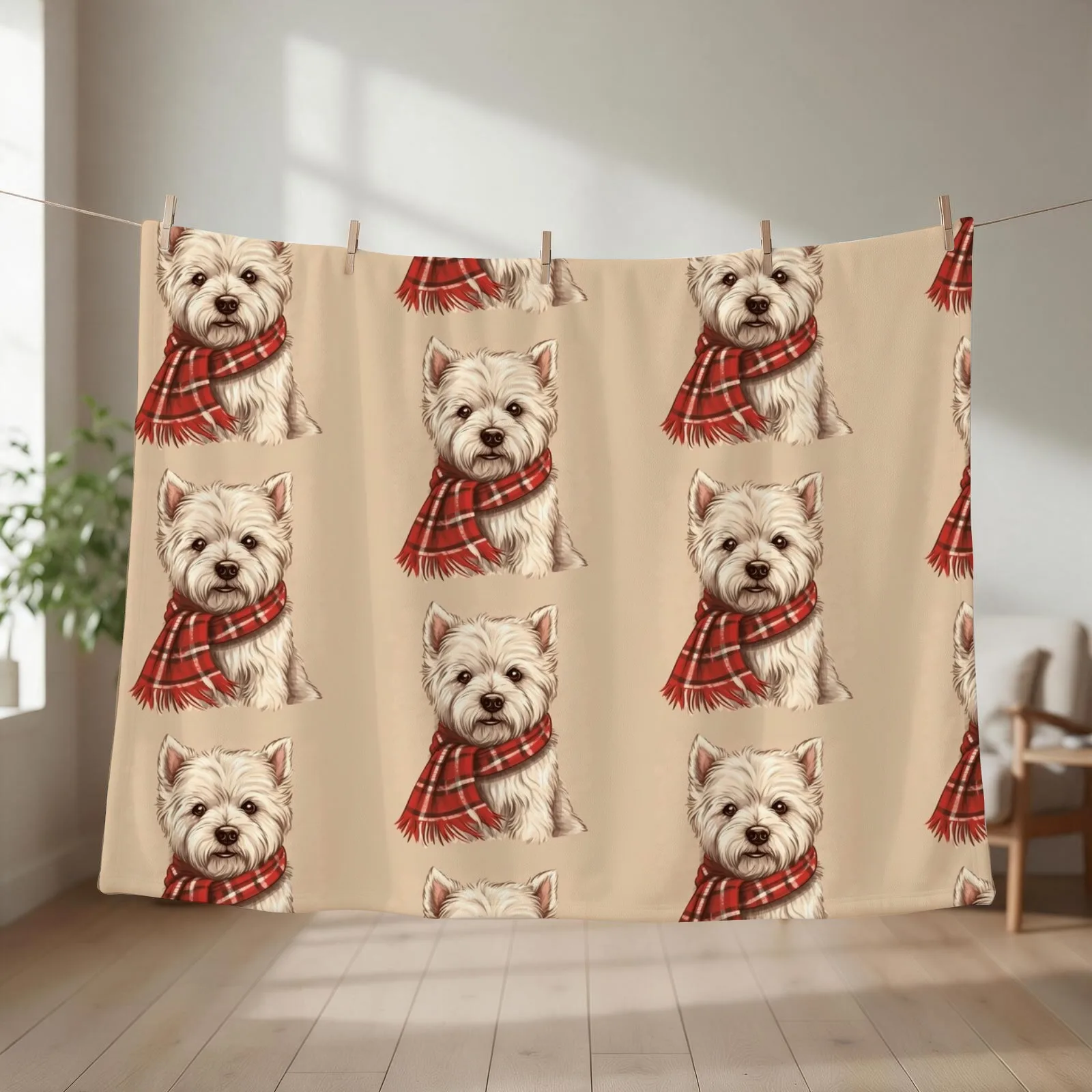 West Highland White Terrier Westie Christmas Plaid Watercolor Throw Blanket