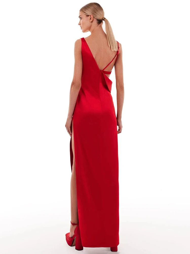 Rotes Patchwork-Diamant-V-Ausschnitt, ärmellos, hohe Taille, langes Kleid, Ausschnitt, Mesh-Pailletten, geteilt, schlankes Abend-Party-Kleid