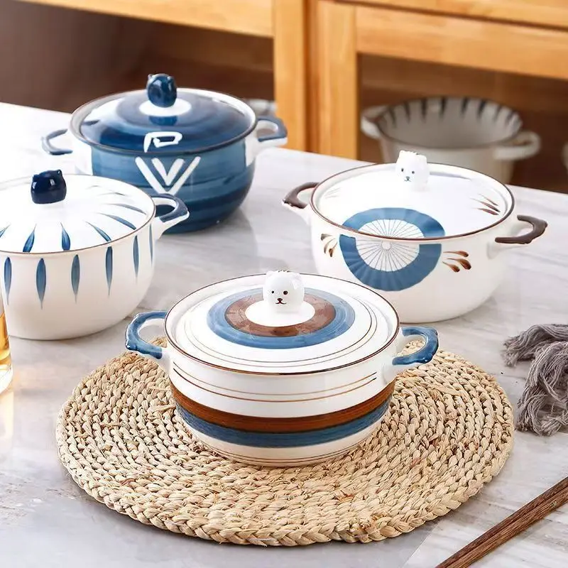

Cartoon Hand-painted Ceramic Bowl with Lid Japanese Style Double Ear Heat-resistant Small Soup Pot Household Kitchen Utensils