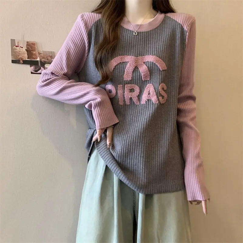 Large size women's clothing spring and autumn new loose and thin pit strips contrasting color embroidered long-sleeved T-shirt