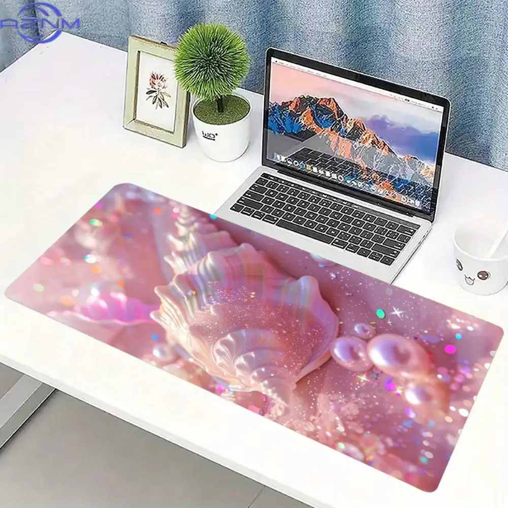 Pastel Starfish Seashell Large Gaming Desk Mat Non Slip Mousepad Stitched Edge Laptop Keyboard Coastal Design