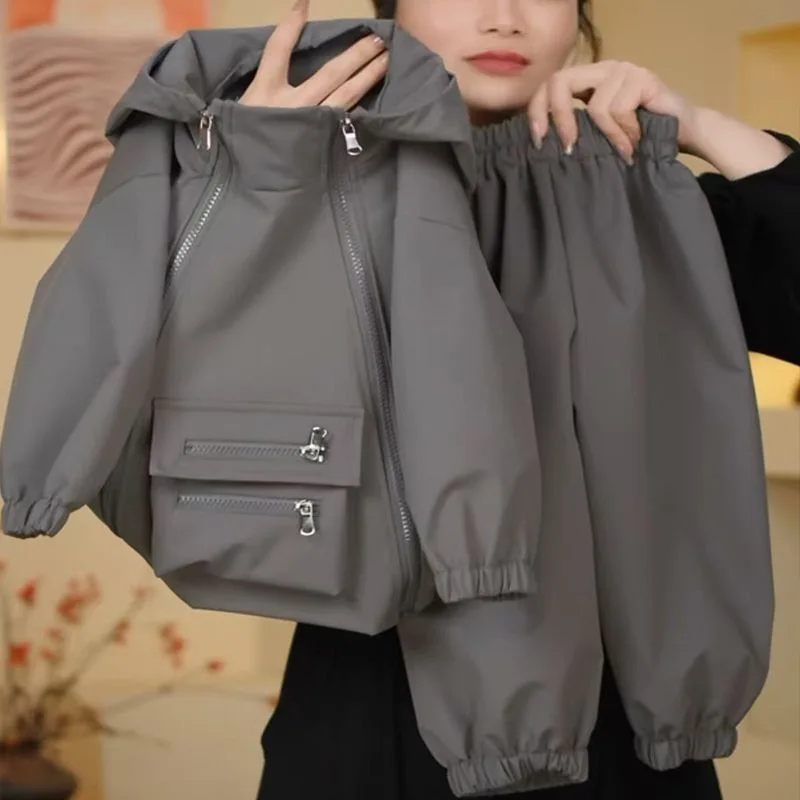 مجموعة جديدة لربيع وخريف 2025 للأطفال باللون الرمادي بتصميم شخصي وسحاب وقلنسوة وسروال مكون من قطعتين #3