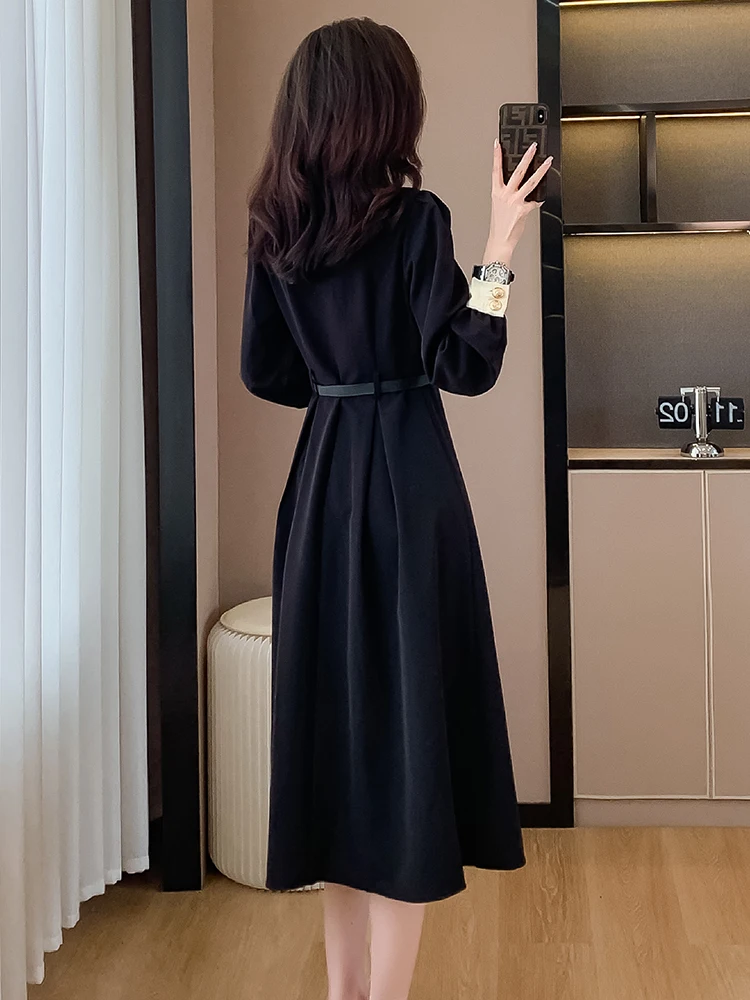 Elegant Black Dresses With Belt Women Retro Doll Collar Long Sleeve A Line Midi Dress Hepburn Patchwork Office Lady Vestido 2024