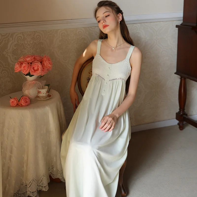 Women Sexy Spaghetti Strap Cotton Nightdress French Style Square Collar Casual Nightgown Mid-Calf Long Summer Nightie Sleepwear