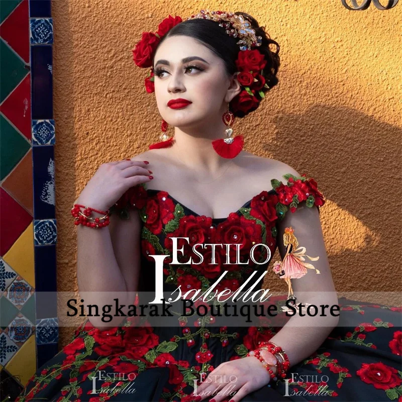 Mexican Black Ball Gown Quinceanera Dresses Sweet 16 Dress Flowers Embroidery Appliques Crystal Vestidos De 15  Customized