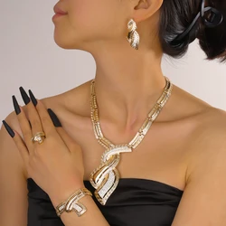 Jewelry Set for Women Drop Earrings Necklace Indian Dubai Gold Color Bracelet Ring for Wedding Bridal Clothing Party Accessories