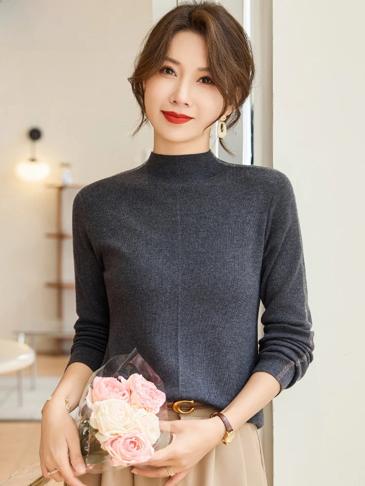 

Весенний вязаный топ с высоким воротником, базовый слой, женская модная одежда для среднего и старшего возраста, из полиэфирного волокна, свободный крой