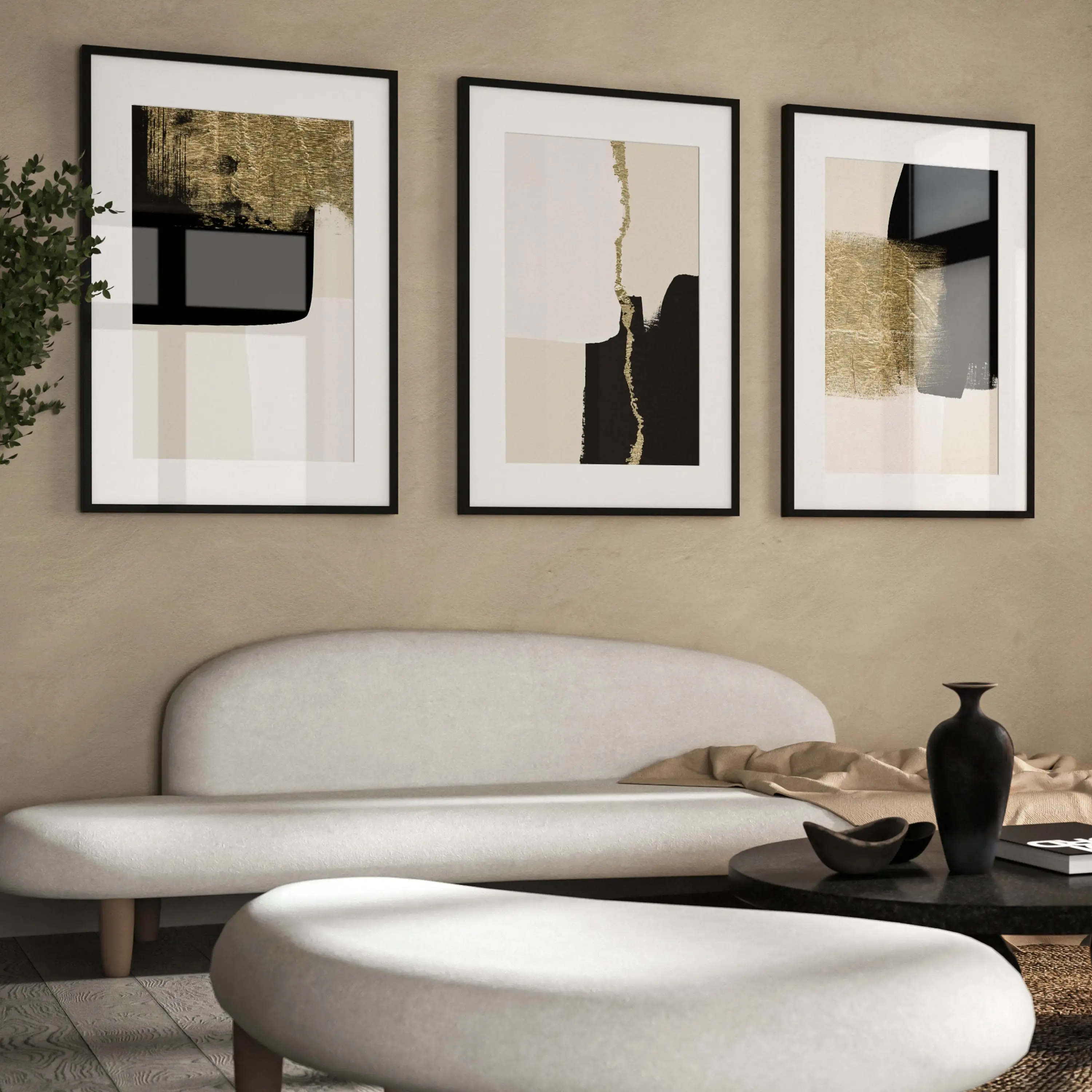 3pcs  frameless Black and Gold Wall Art Set of 3 Prints Black and Beige Abstract Art Minimalist Wall Art Gallery Wall Set Living