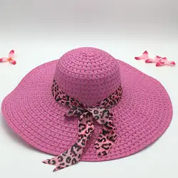 Słomkowy kapelusz przeciwsłoneczny Składany kapelusz plażowy dla kobiet Leopard Bowknot Decor Floppy Cap Women Wide Brim Bucket Hat шляпа женская