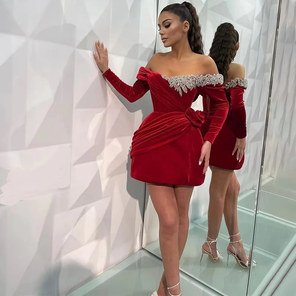 Shining Red Velvet Cocktail Dress Mini Off the Shoulder Long Sleeves Gown Short Sparkle Crystal Mini Sexy Birthday Party Dress