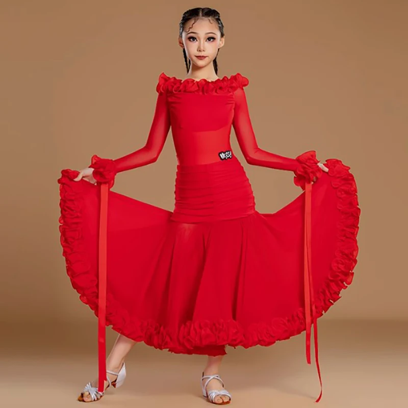 

Kids Girls Waltz Tango Ballroom Dance Professional Dresses Mesh Bodysuit and Large Ruffles Skirts Modern Dancing Costumes