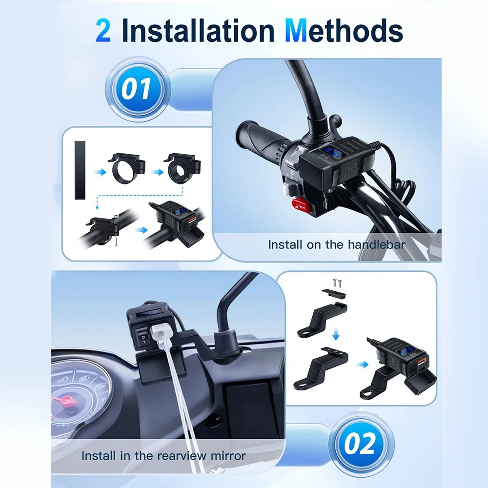 Motorcycle USB Charger PD QC3.0 Fast Charging 60W 12-24V with Switch Voltmeter Waterproof for Car Motorcycle ATV UTV Boat RV view 4