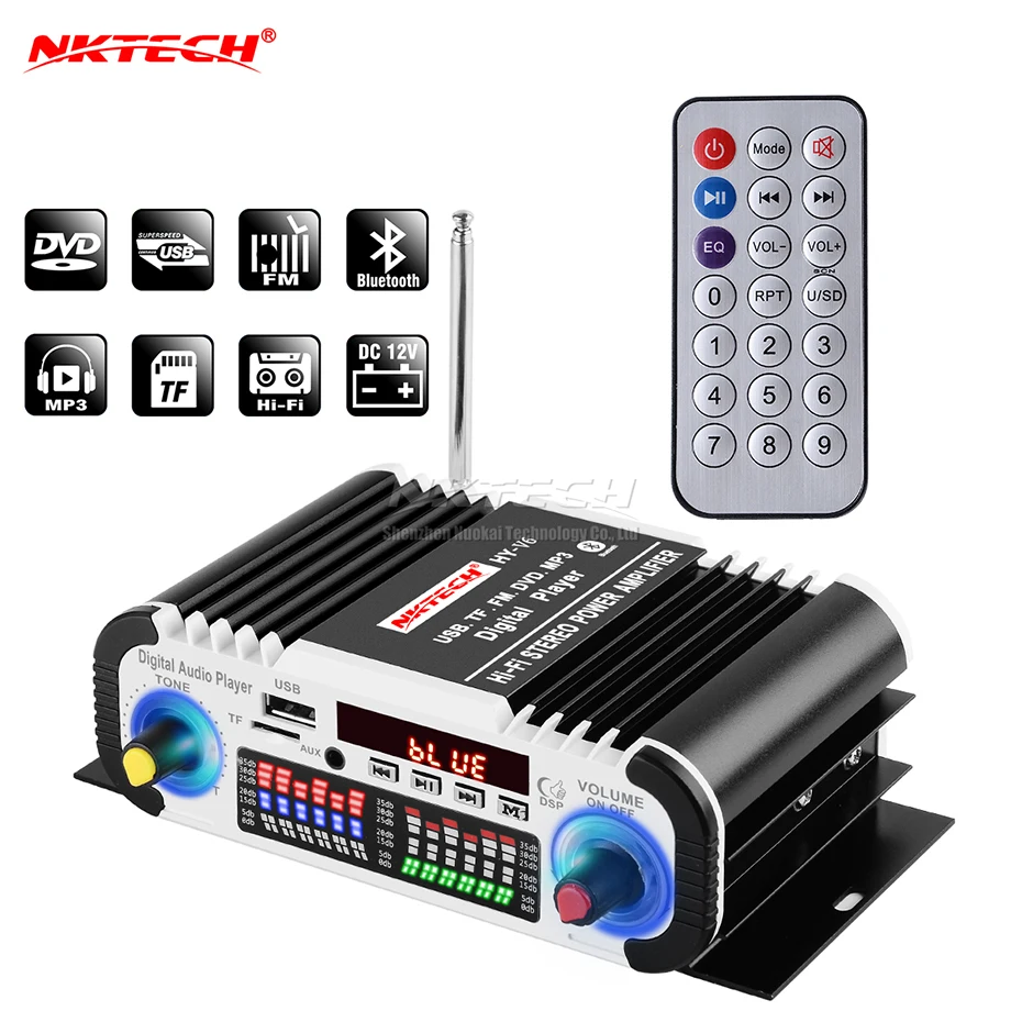 

NKTECH HY-V6 Car Digital Audio Player Bluetooth Power Amplifier 2CH x 20W Hi-Fi Stereo Home AMP with FM TF DVD MP3 USB AUX Input