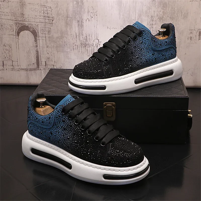 Luxury Fashion Men's Black Blue Rhinestone Platform Shoes Causal Flats Moccasins Male Rock Hip-hop Walking Sneakers 38-44