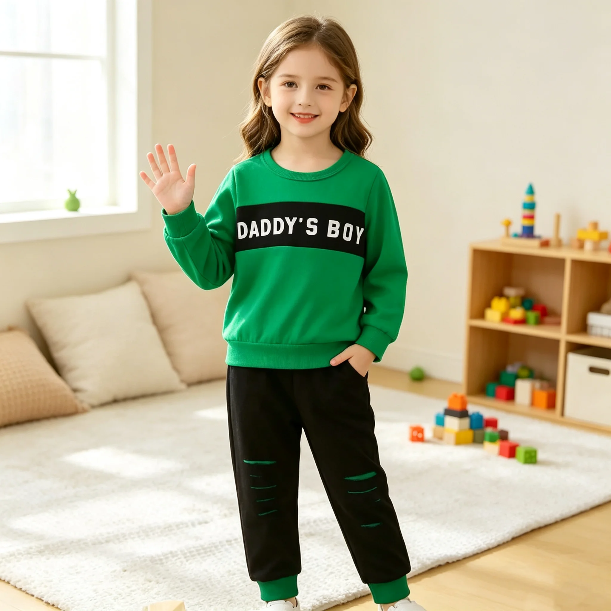 Kinder Herbst-Winter Casual Rundhals-Sweatshirt mit Buchstabendruck und Langen Ärmeln sowie Hose mit Elastischem Bund Set Kinderbekleidung Oberteil – Detail 4