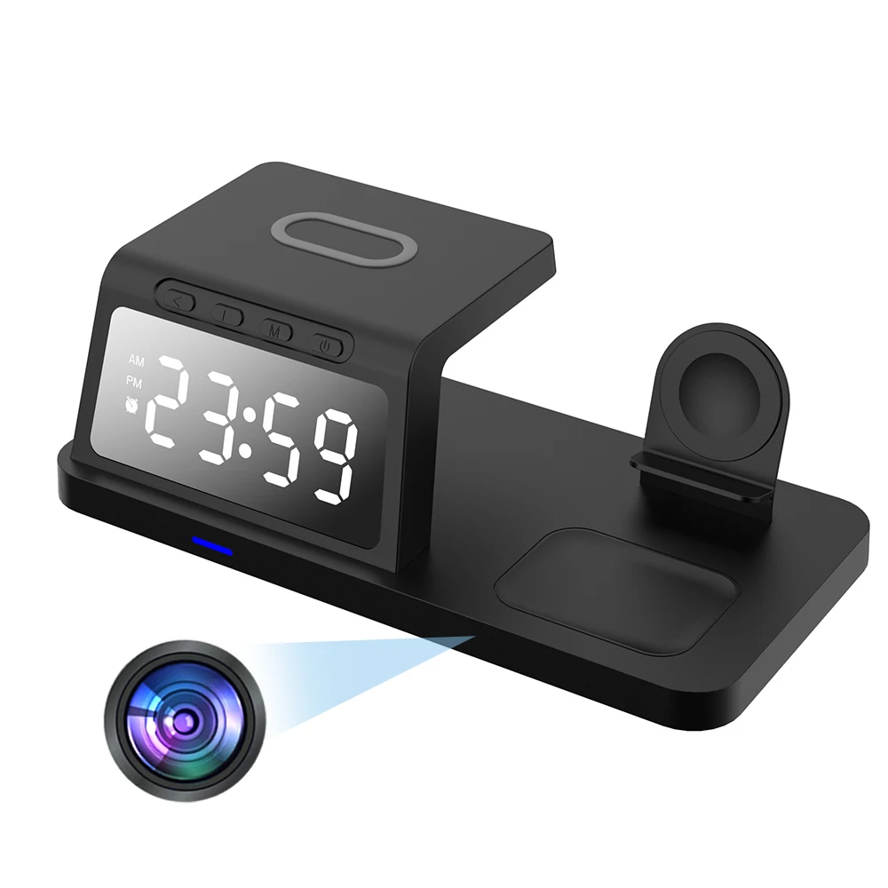 4K/1080P HD 3-in-1 WiFi Wireless Charger Camera with Alarm Clock Home Nanny Camera Charging Stand Remote Viewing