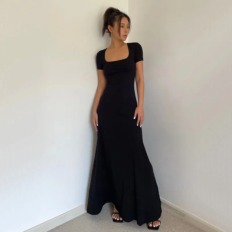 Black Bodycon Midi Dress Women Summer Korean Short Sleeve Square Collar A Line Dress Y2K Solid Elegant Club Party Vestidos