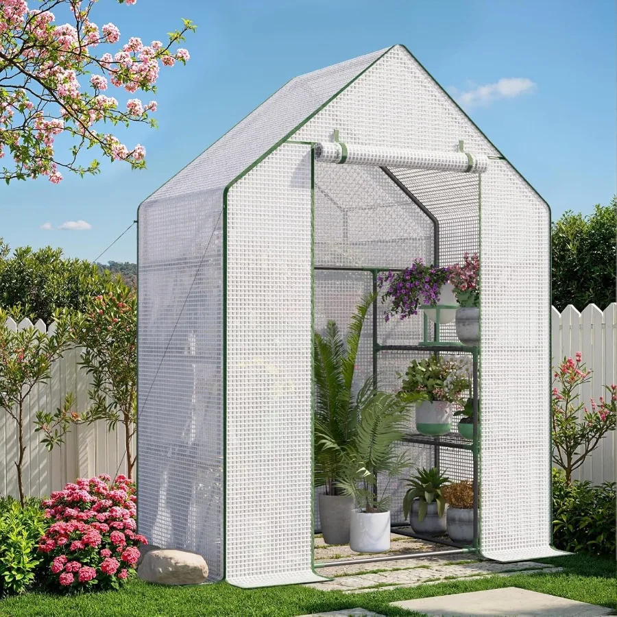 

Portable Greenhouse for Outdoor Small Greenhouses with Durable PE Cover Walk in Greenhouse with Shelves Stands White