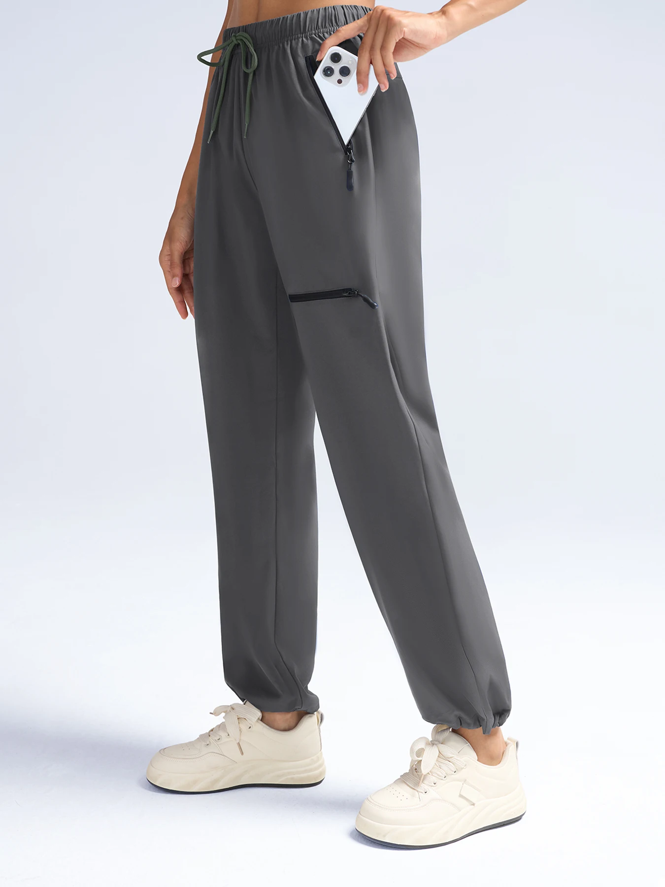Women's Woven Zipper Pocket Cargo Pants Casual Loose Pants Female Breathable Solid Color Drawstring Jogger Yoga Baggy Trousers