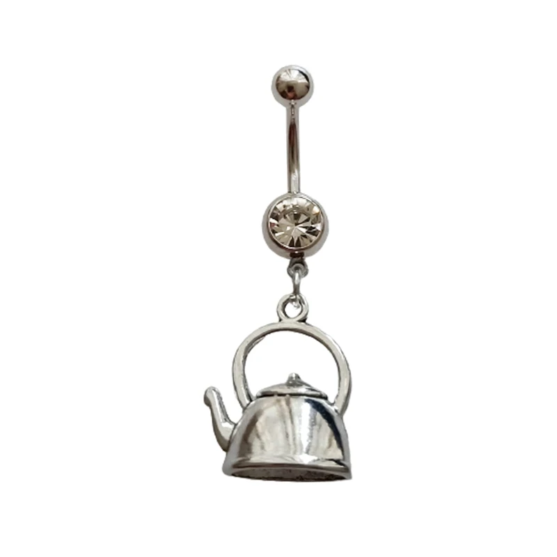 

Fun 3D Teapot Dangle Belly Button Ring Tableware Charm Surgical Stainless Steel 14 Gauge Navel Barbell Ring, Ocean Beach Jewelry
