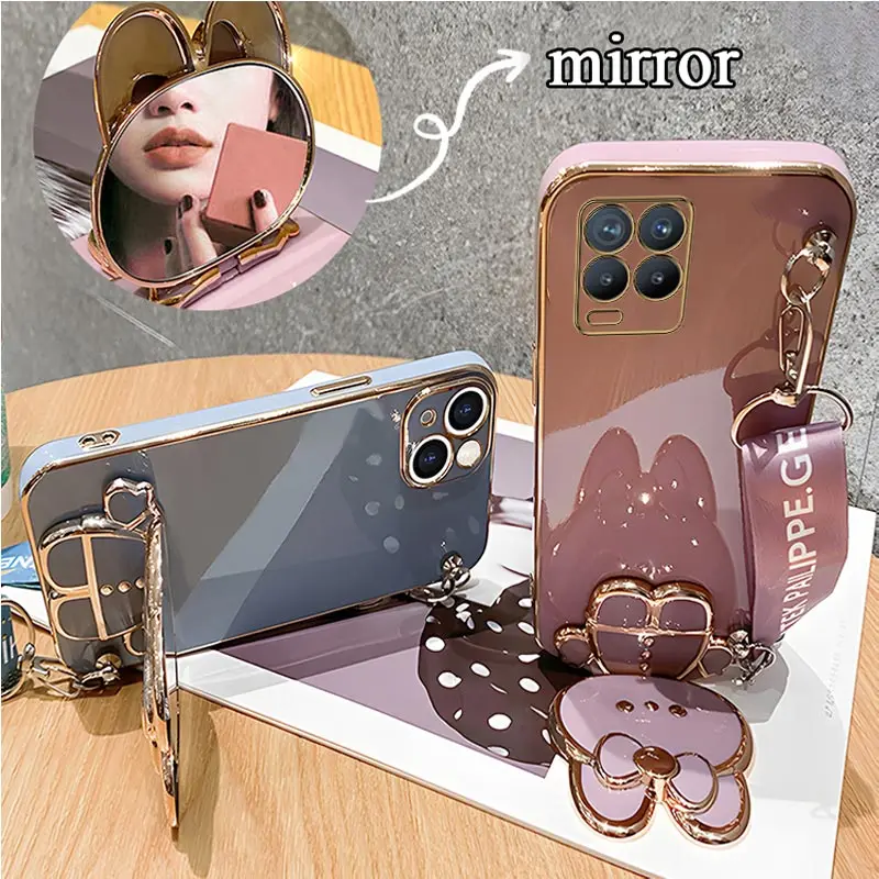 Mirror Crossbody Lanyard Phone Holder Case For Oppo Realme 8 Pro 5i 6i 8i 9 10 C20 C11 C21Y C25Y C30 C33 C35 Stand Strap Cover