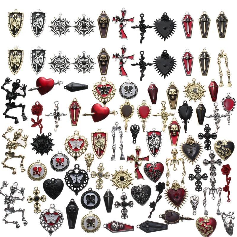 50pcs/lot Mixed Heart Shield Cross Skeleton Charms Pendant DIY Handmade Necklace Earrings for Jewelry Making Accessories