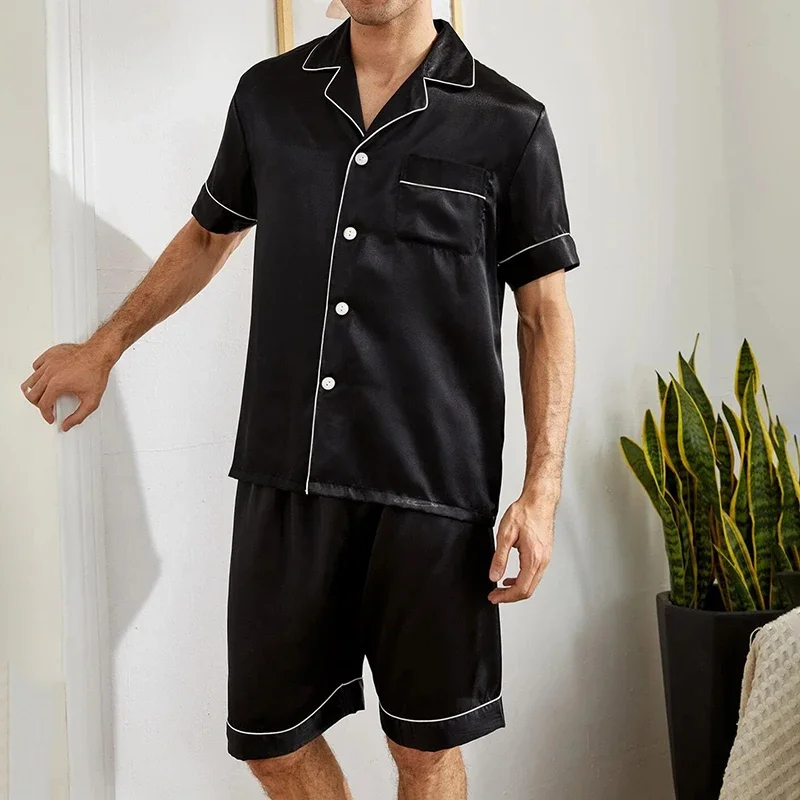 Men\'s pajamas set for summer short sleeve pocket button down shirt & Shorts Pyjama loungewear set sleepwear pijama home clothing