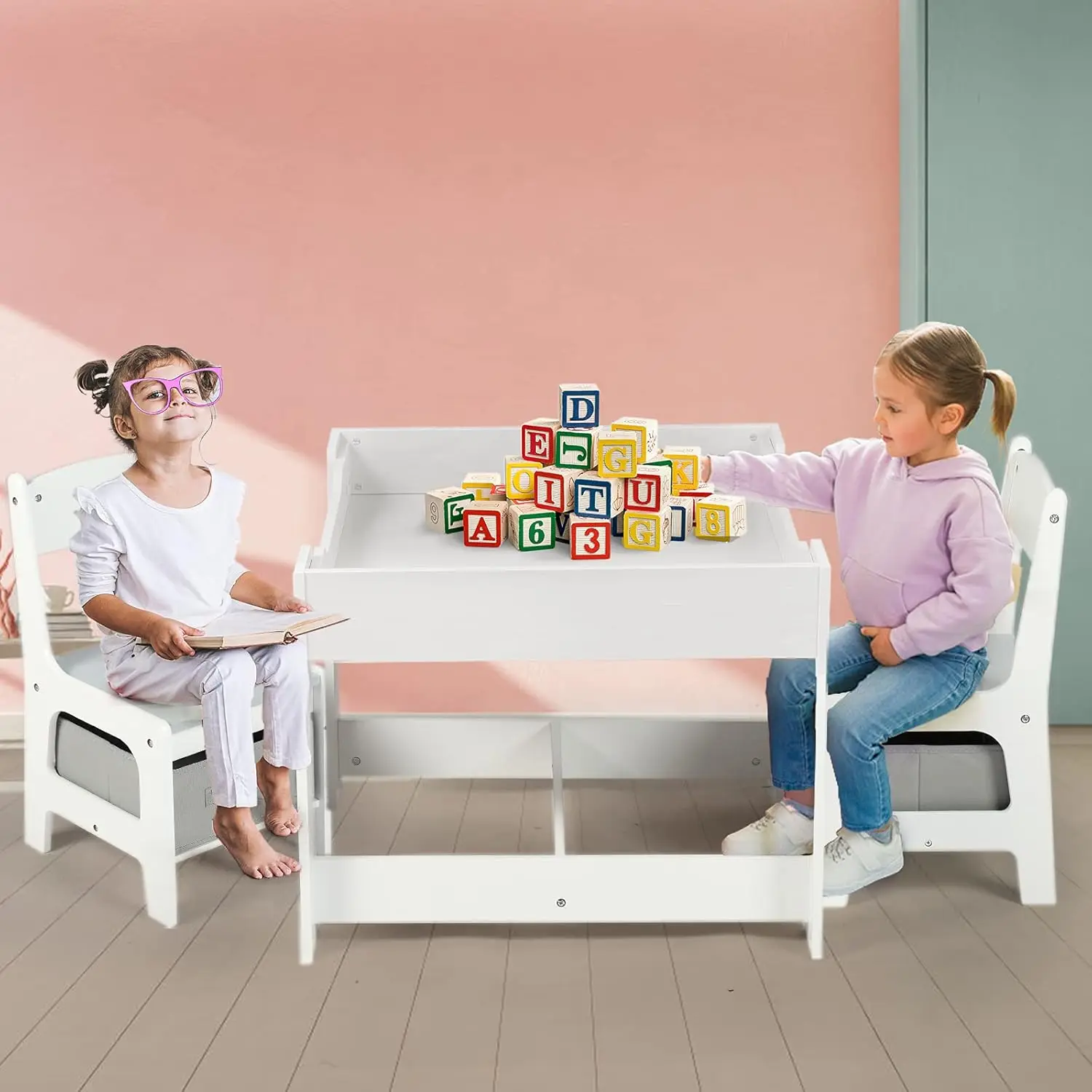 King Kids Wood Table & 2 Chairs Set, 3 in 1 Children Activity Table w/Storage, Removable Tabletop, Blackboard, 3-Piece Toddler F