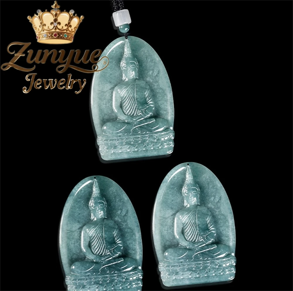 Natural Grade A Blue Water Jadeite Sakyamuni Buddha Tablet Pendant Hand Carved Burma Necklace Unisex Vintage Jade Jewelry Gift