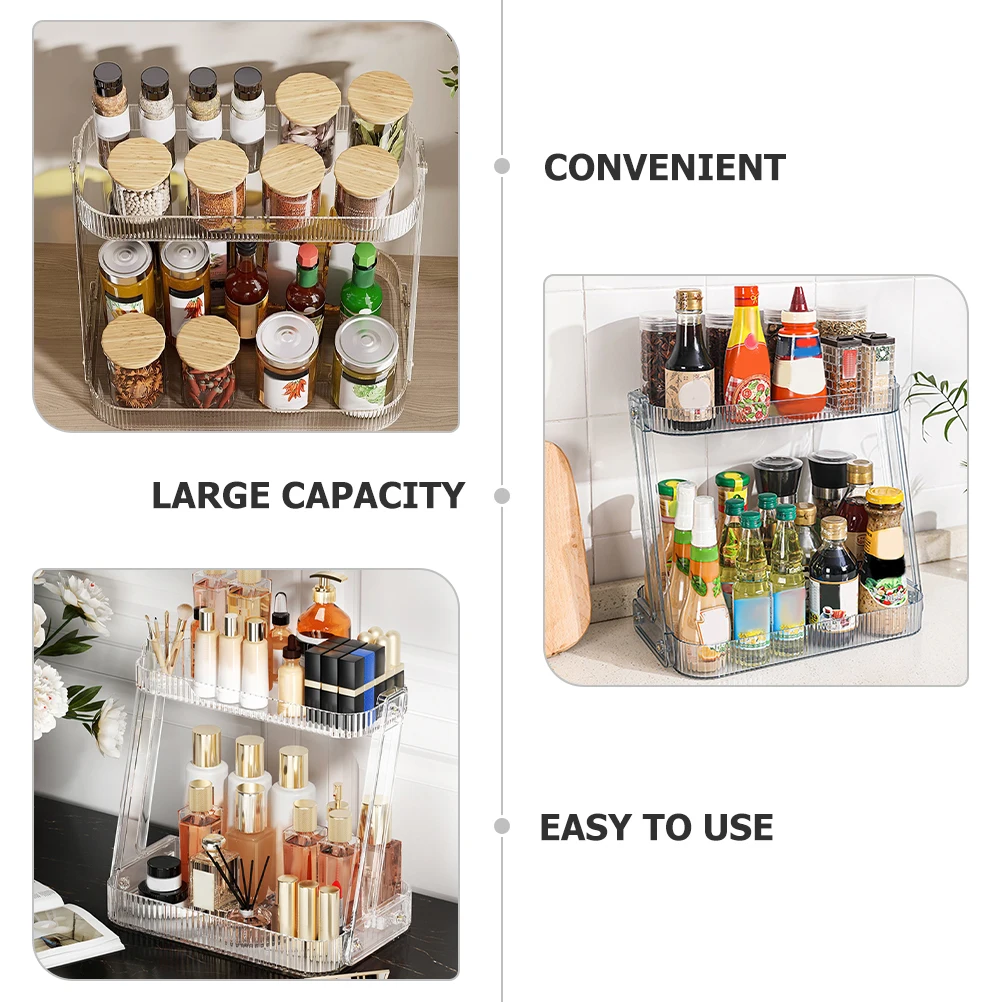 

Desktop Organizer Transparent 2 Tier Shelf Kitchen Rack Bathroom Tray Vanity Storage Makeup Holder Seasoning Shelving