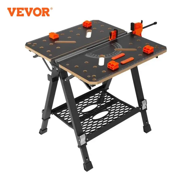 VEVOR Folding Work Table 7-Level Height Adjustment Workbench & Sawhorse with Versatile Clamping System for DIY Woodworking Use