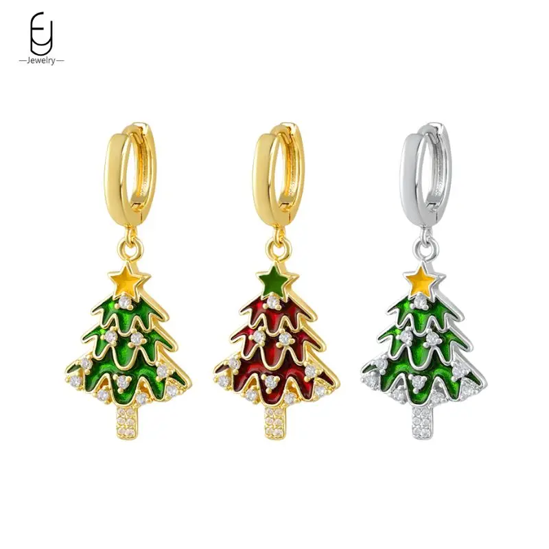 

925 Sterling Silver Needle Exquisite Enamel Green/Red Christmas Tree Earrings for Women Crystal Hoop Earring Christmas Jewelry