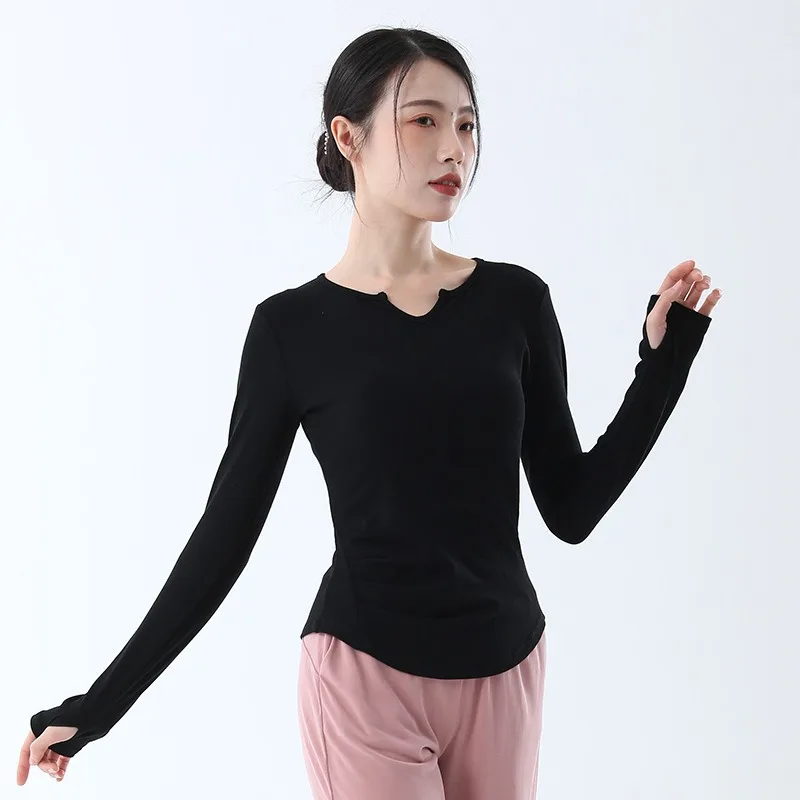 Women Dance Top Sexy Slim Tee Shirt Thumb Finger Hole Long Sleeve Body Rhyme Modern Dancer Practice Sweater Round Collar New