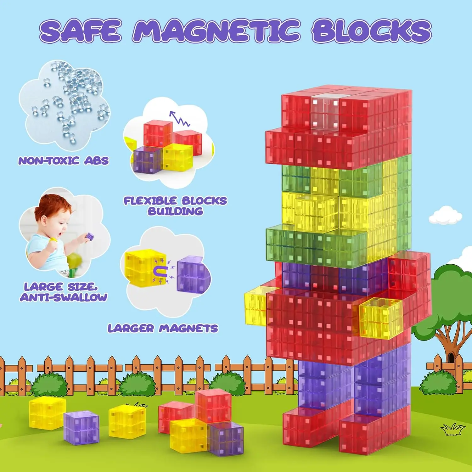 مكعبات بناء مربعة مغناطيسية شفافة 64 قطعة ألعاب مربعة مغناطيسية للأطفال لعبة مغناطيسية لبنات البناء هدية عيد ميلاد