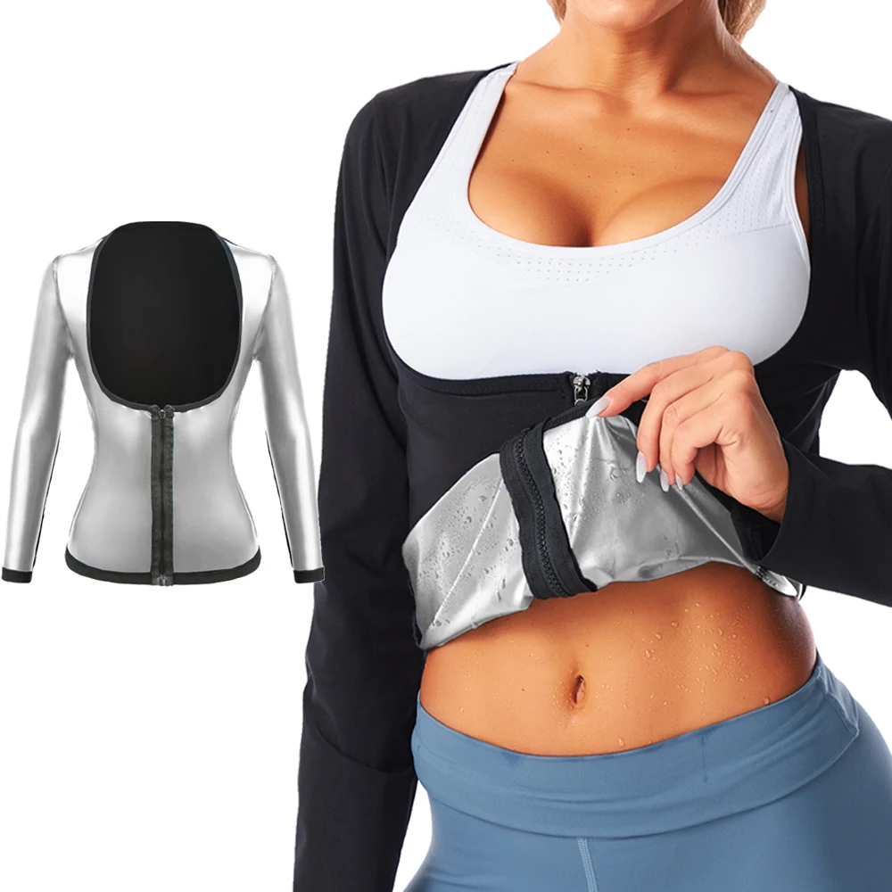 Damen Gewichtsverlust Slimming Sweatshirt Taillentrainer Fitness Bodyshaper mit Reißverschluss Fettverbrennender Bauchformer Sauna-Anzug Shapewear
