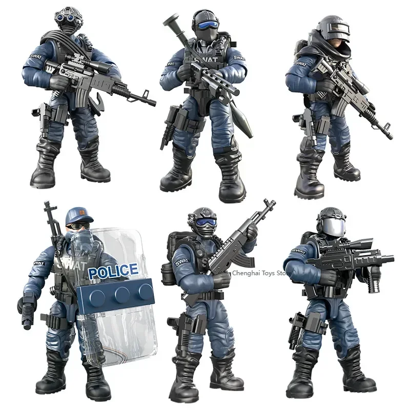 

6 PCS children's assembled military building blocks for boys with weapons and special police forces to assemble toys