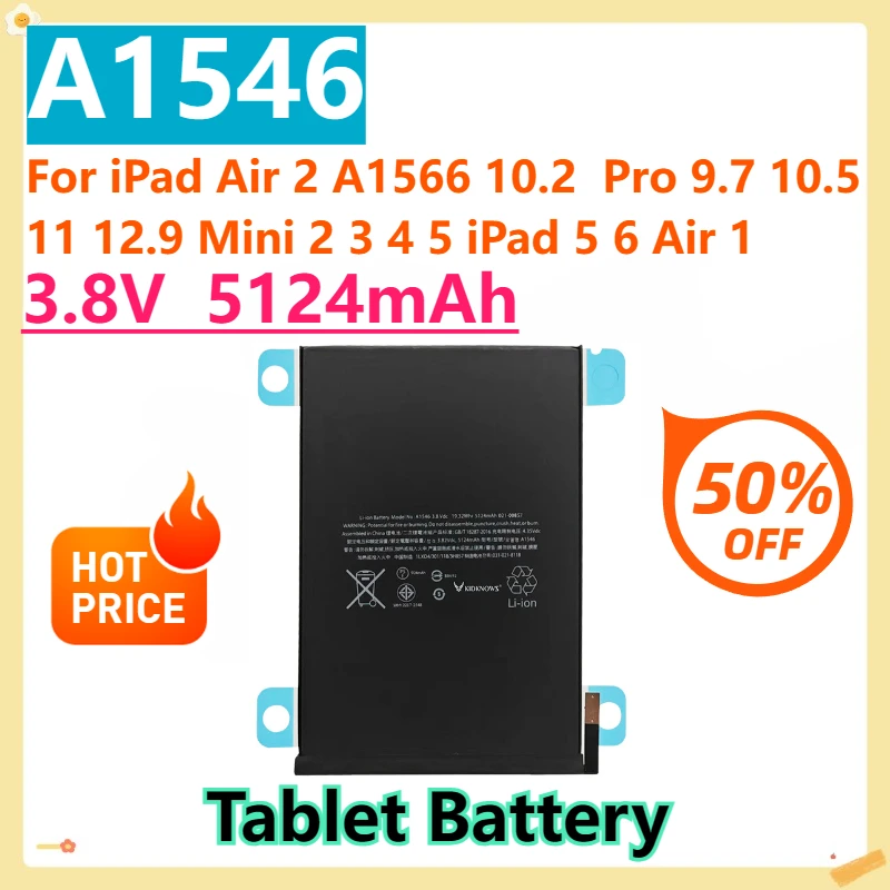 

For iPad Air 2 A1566 10.2 Pro 9.7 10.5 11 12.9 Mini 2 3 4 5 iPad 5 6 Air 1 A1474 A1893 A1475 3.8V Replacement Battery