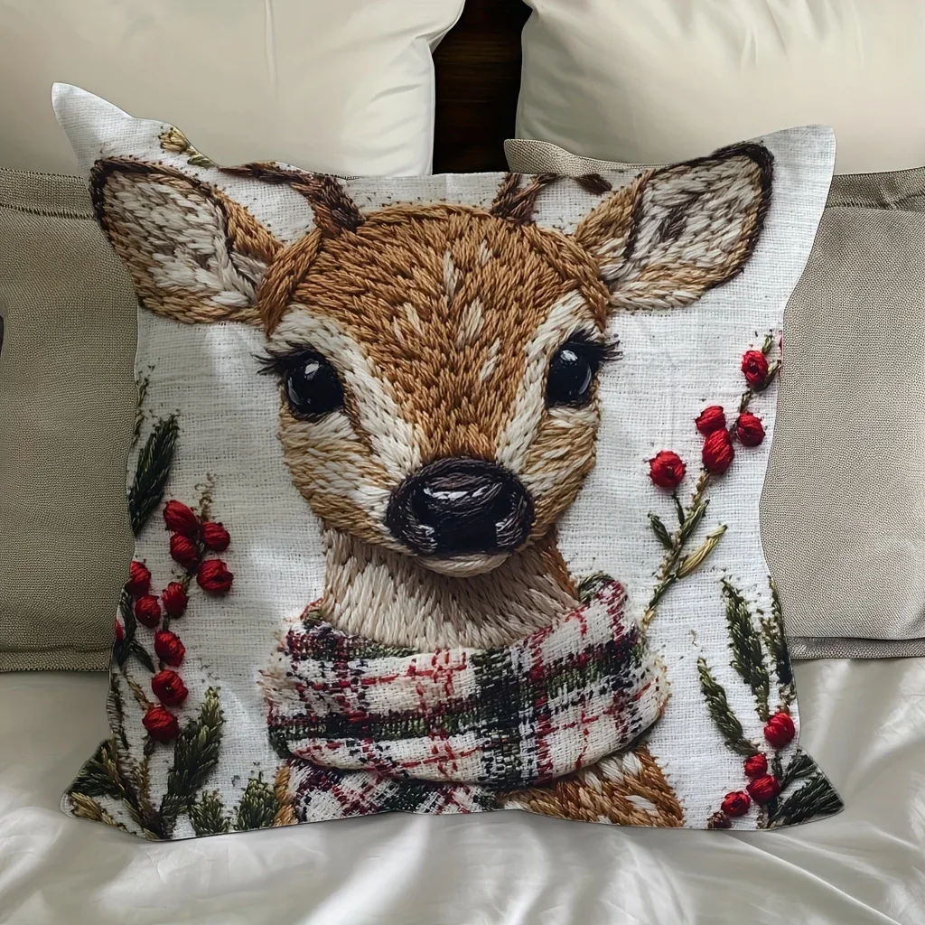 Charming Christmas Reindeer 18x18 Inch Throw Pillow Cover - Soft Short Plush with Zipper Closure for Bedroom & Living Room Decor