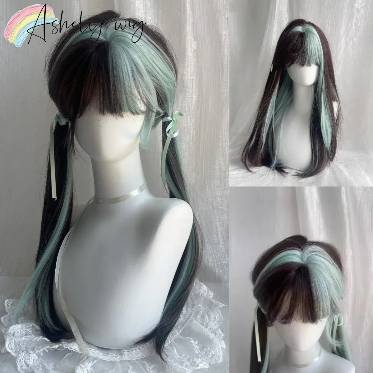 Ashely Ombre coklat cahaya hijau Wig panjang Shtraight Wig dengan poni JK Cosplay Headband Wig murah Pelucas Realistas Mujer