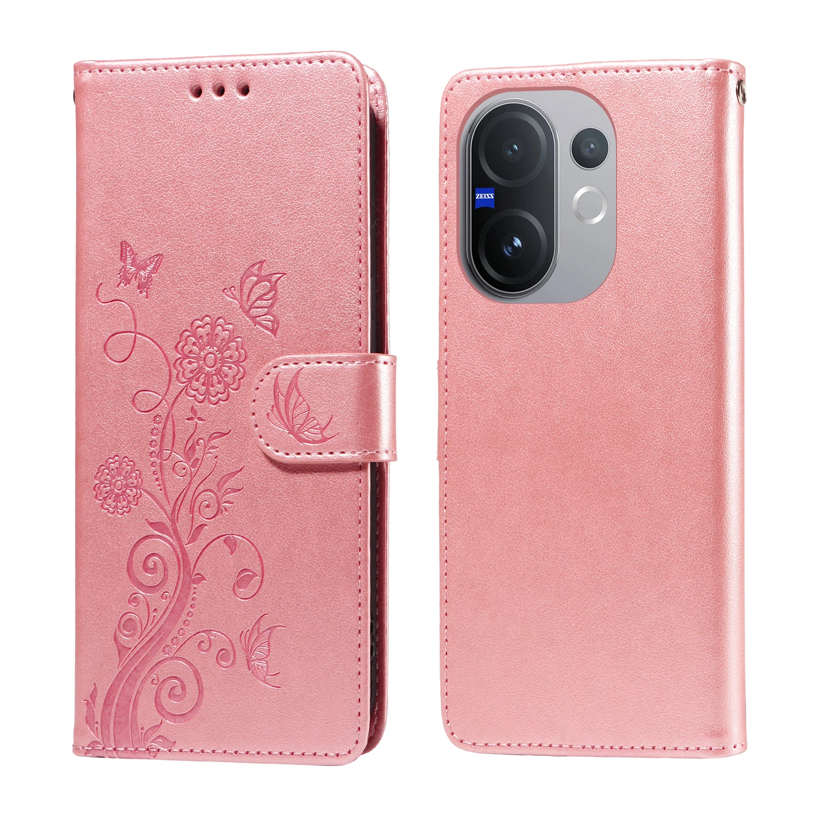 

Для vivo V60 5G кожаный чехол-подставка для кошелька с бабочкой и цветочным принтом - розовый