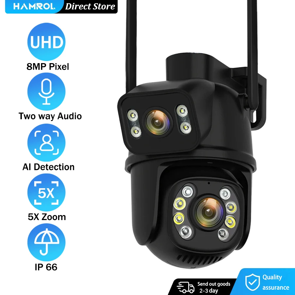 

Hamrol 8MP Wifi PTZ IP Camera Dual Lens Ai Auto Tracking Waterproof Street Outdoor Wireless CCTV 6MP Security Surveillance