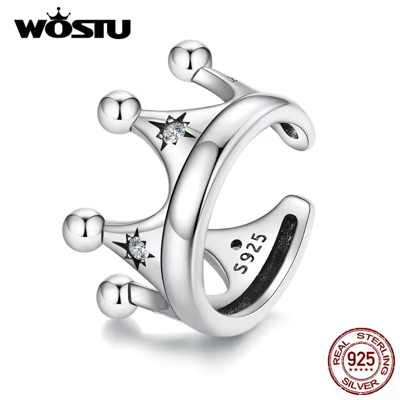 WOSTU Real 925 Sterling Silver Original Royal Crown Ear Cuffs Earrings Clear Zircon Ear Clips Wedding Party Jewelry Gift CQE1530