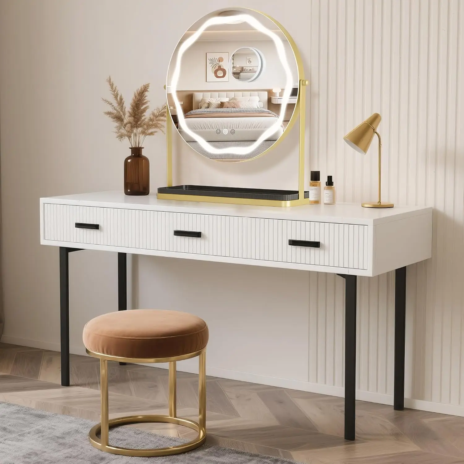 LED Vanity Mirror with Lights Makeup Mirror Smart Touch Control 3-Color Dimmable Lighting with Storage Rack for Dressing Table