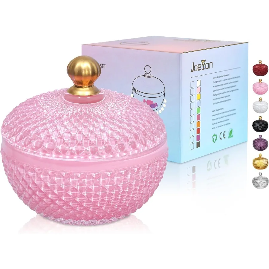 

12 oz Small Pink Glass Jewelry Box Jars with LidEmbossed Glass Candy Dishes Diamond Faceted Food Container Drative Apothecary C