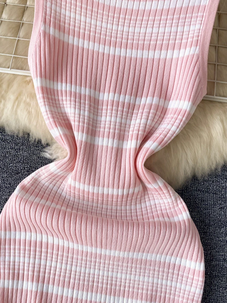 Foamlina-Robe Midi Rose à Rayures pour Femme, Tenue Chic, Col Rond, Coupe Cintrée, Gaine à Volants, Streetwear