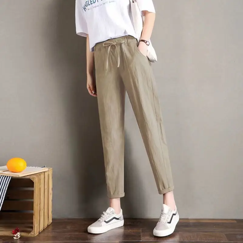 

Minimalist Temperament Versatile Solid Color Drawstring Women's Summer Elastic Ice Silk Cotton Linen Korean Loose Harem Pants