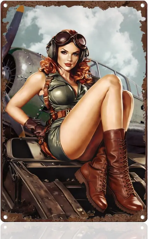 Military Soldier Pin Up Woman Metal Tin Sign Wall Decor 12 x 8 | Vintage Novelty Metal Wall Decor Military Pin Up Lady Art Poste