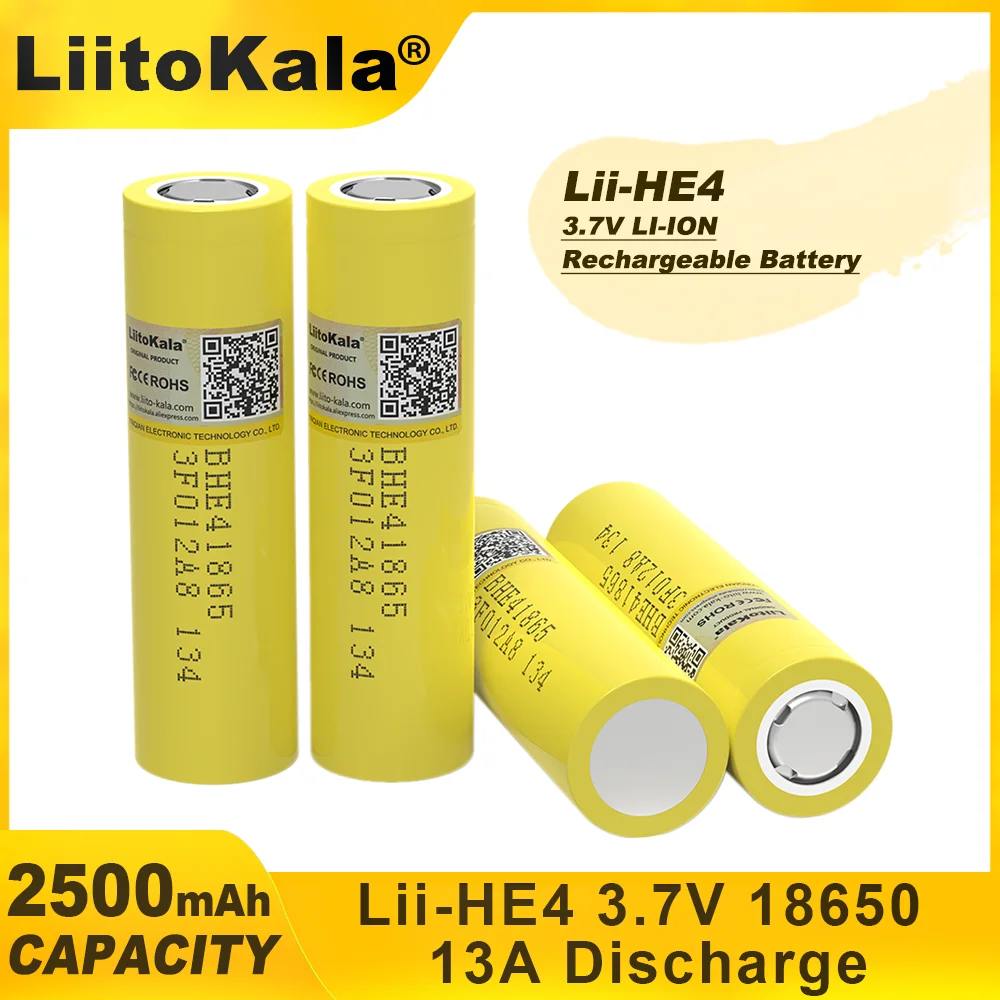 Liitokala-2500mAh Li-lon Battery, Lii-HE4, 18650, 3.7 V, maximum discharge of 13A 1-9