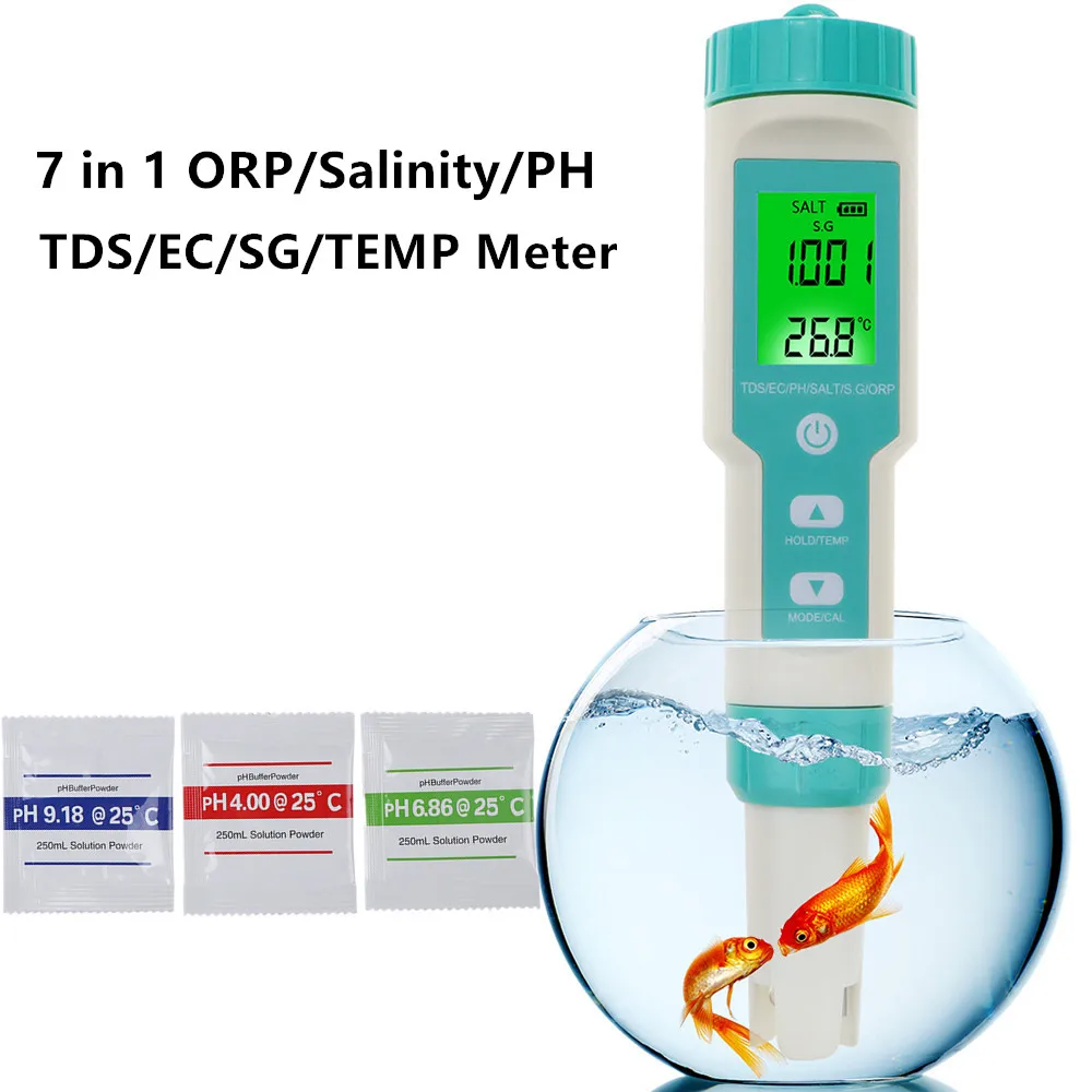 7 in 1 ORP Salinity PH TDS EC SG TEMP Meter Monitor Water Quality Detector for Drinking Water Swimming Pool Aquarium Backlight